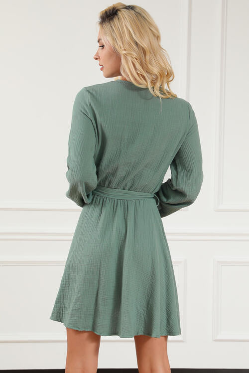 Tie Front Long Sleeve Gum Leaf Green Mini Dress