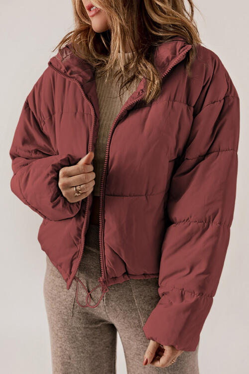 Brick Red Zip Up Collared Neck Long Sleeve Winter Coat