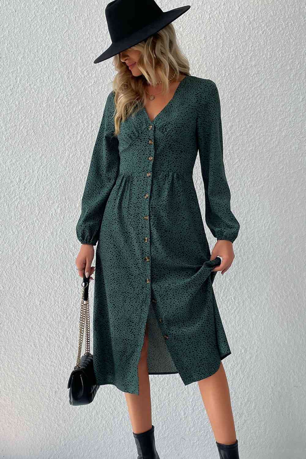 Green Printed Button Down V-Neck Midi Dress