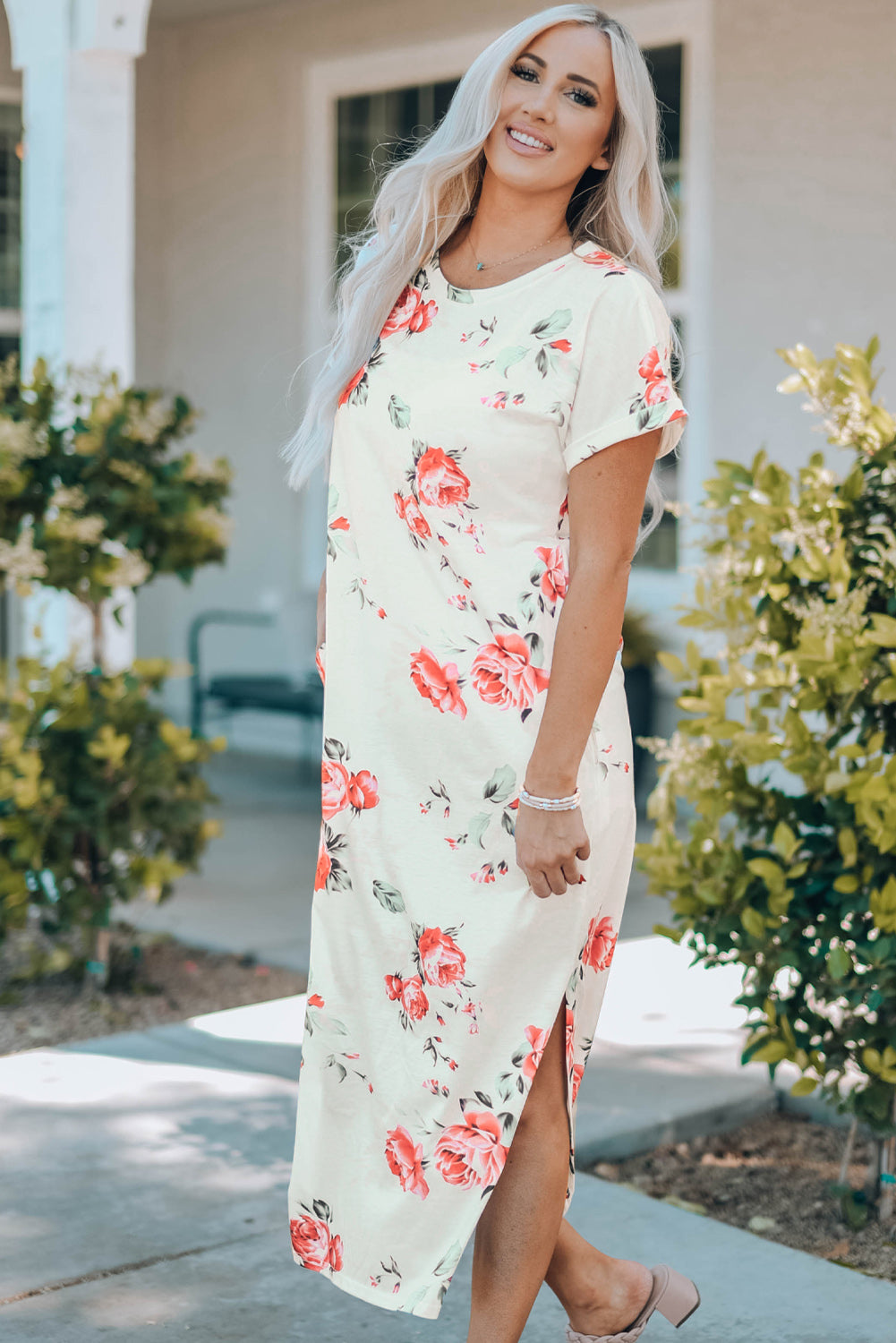 Women's Floral Side Slit Cuffed Sleeve Cream Midi Dress