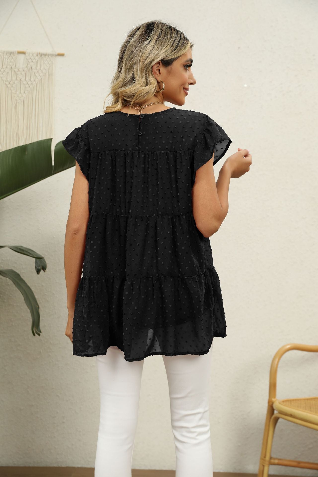 Full Size Swiss Dot Round Neck Tiered Blouse