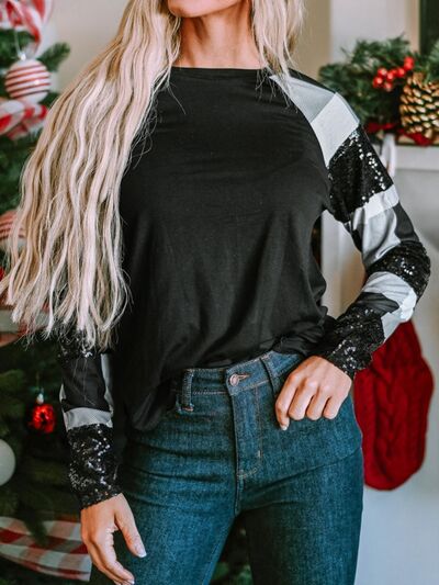 Women's Isla Black Plaid Sequin Long Sleeve Round Neck T-Shirt