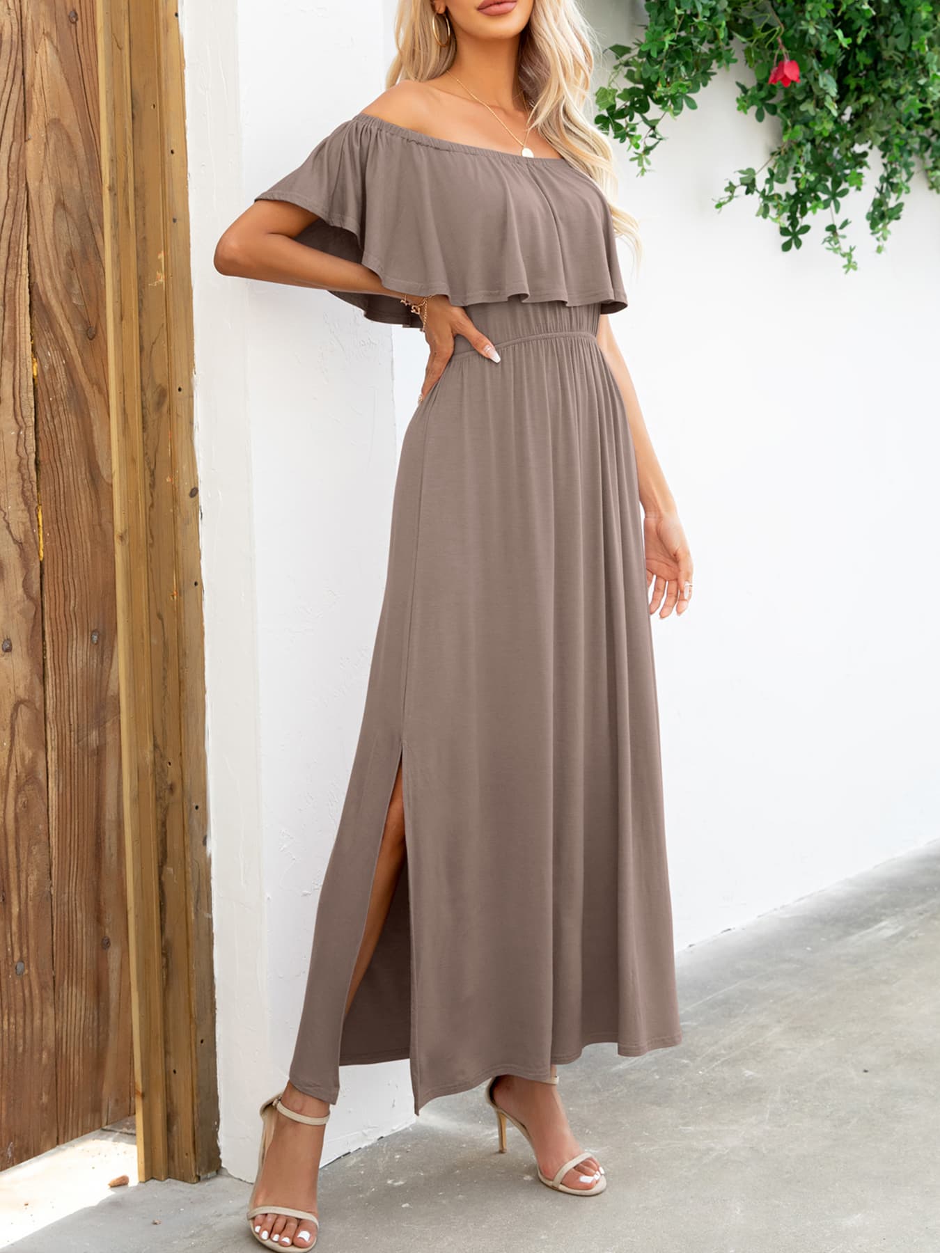 OCEANSIDE Full Size Off-Shoulder Slit Maxi Dress