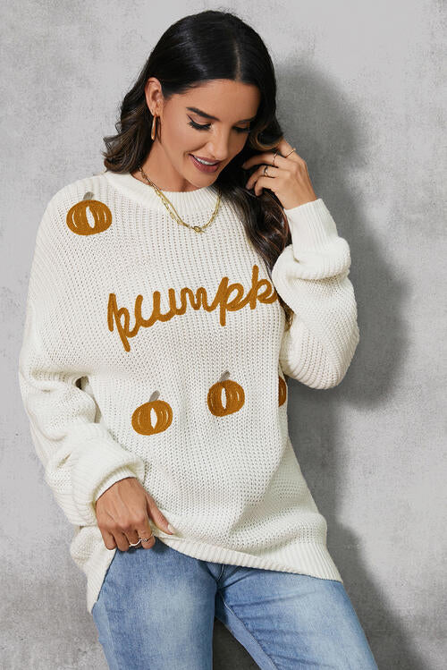 Seasonal Pumpkin Embroidery Long Sleeve Sweater