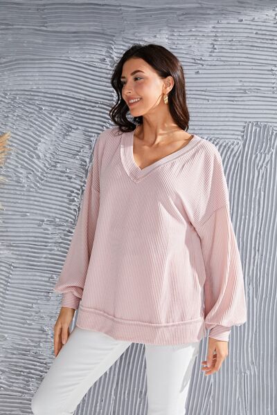 Women's Jasira Dusty Pink V-Neck Drop Shoulder Lantern Sleeve Blouse