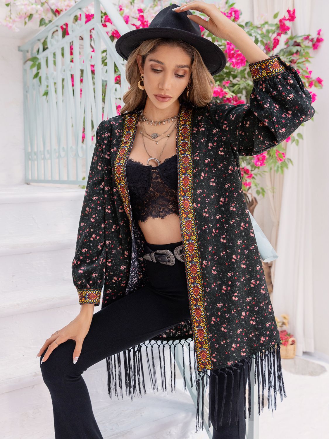 Printed Fringe Detail Cardigan