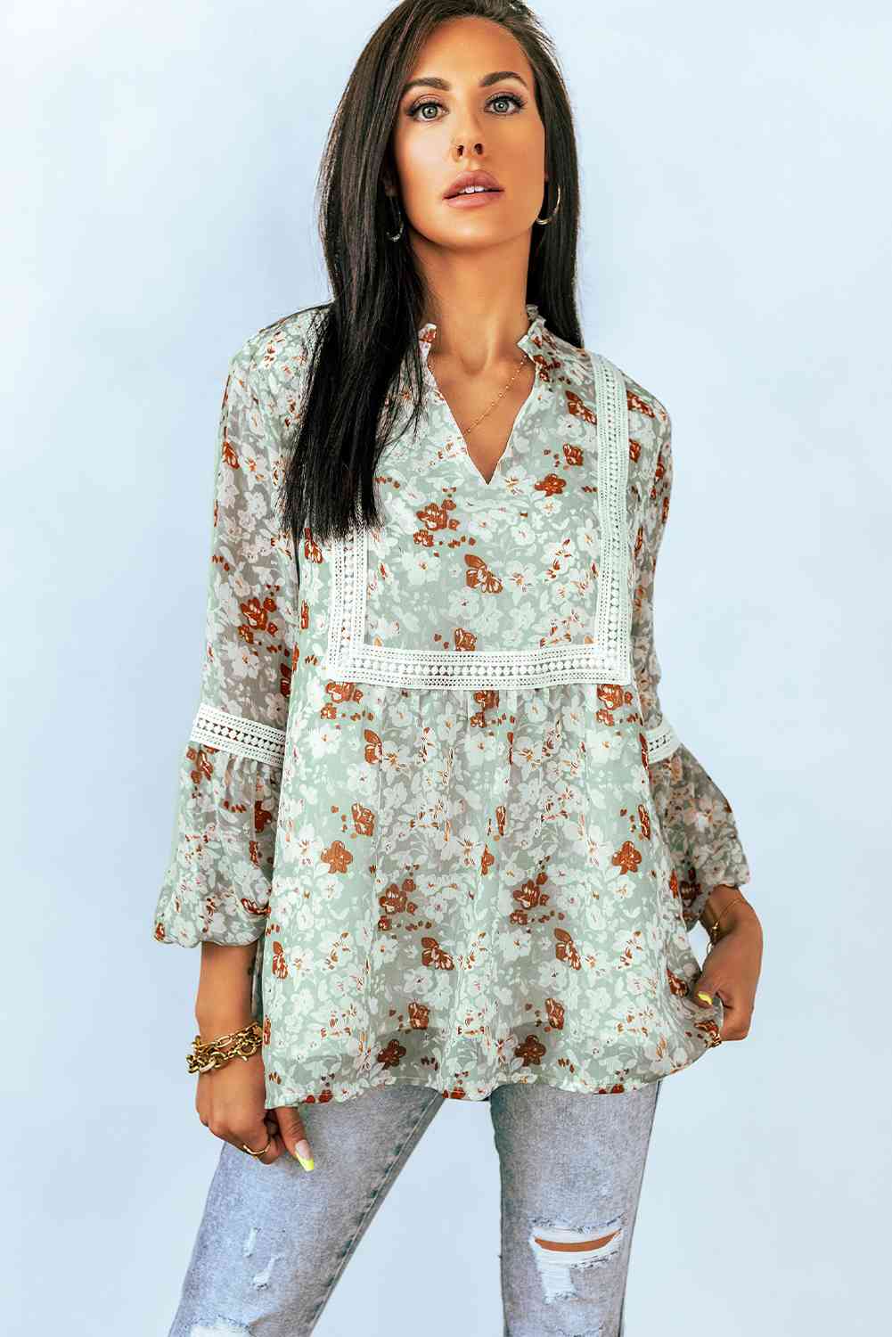 FULL SIZE Sage Green Floral Lace Trim Blouse