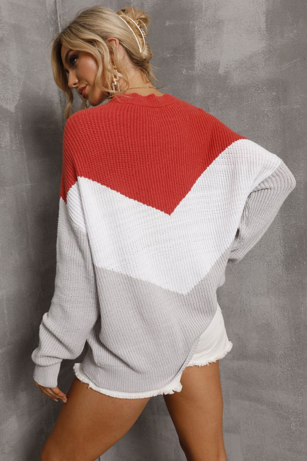 Women's Color Block Round Neck Rib-Knit Sweater