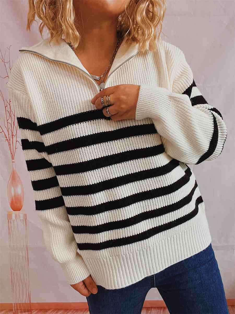 Striped Half Zip Collared Sweater