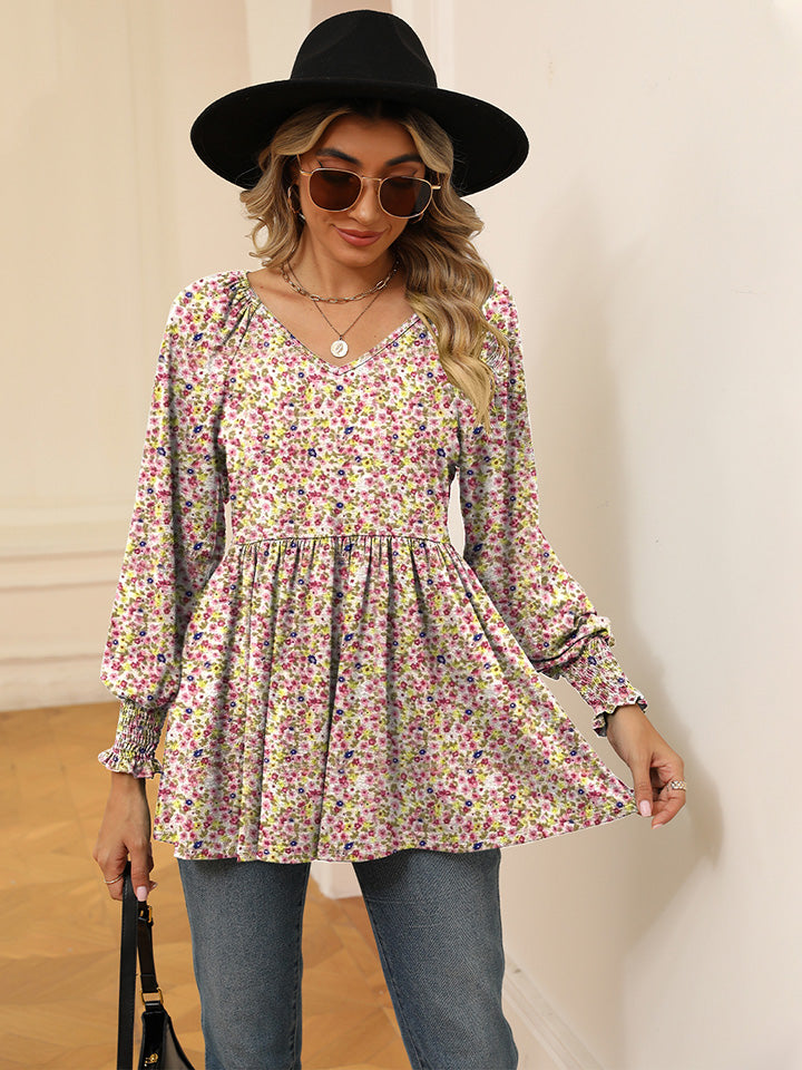 Full Size Printed V-Neck Lantern Sleeve Blouse