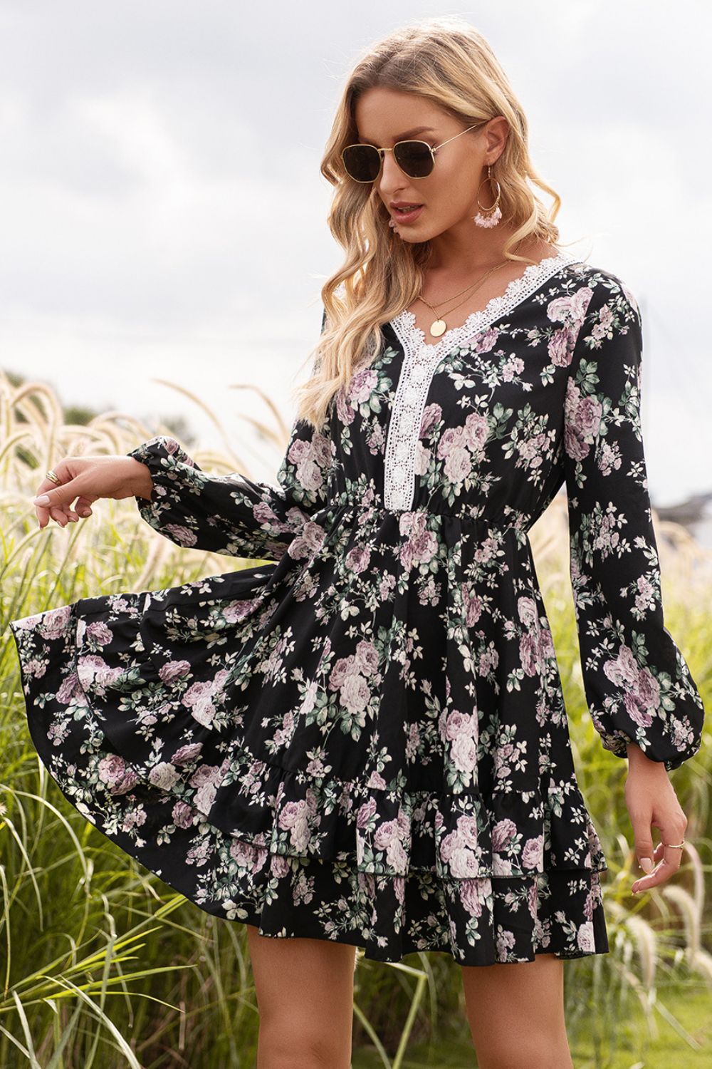 SO SASSY Floral Lace Trim Long Sleeve Dress