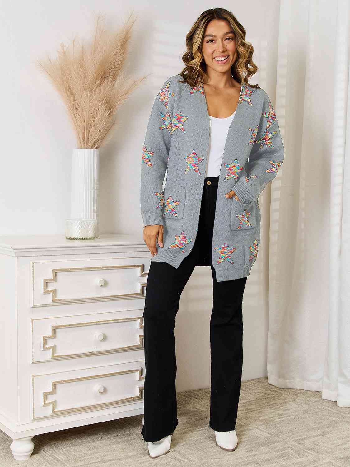 Star Pattern Open Front Cardigan with Pockets