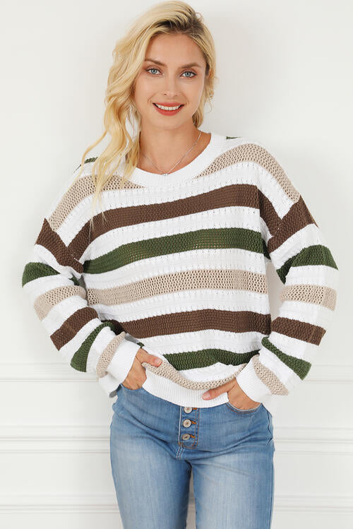 Striped Openwork Dropped Shoulder Sweater