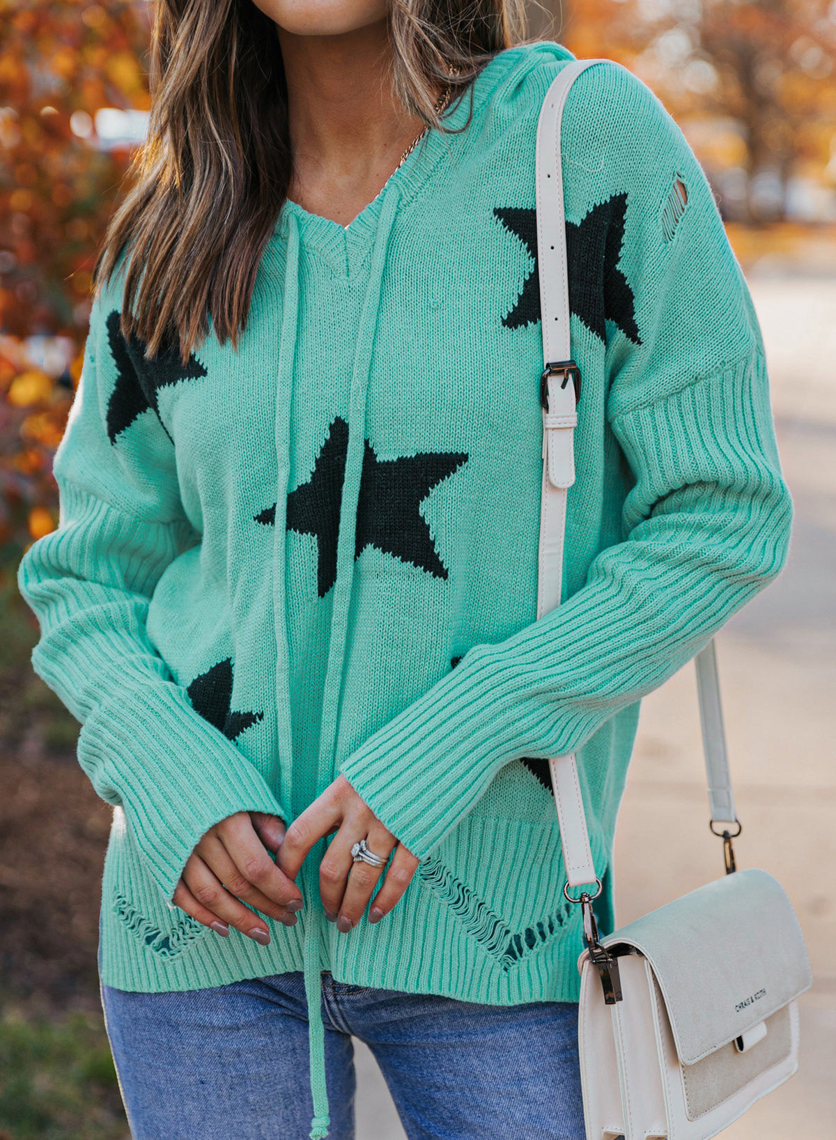 Full Size Star Distressed Slit Hooded Sweater