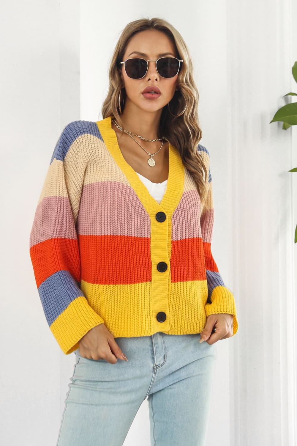 ZeldaMarie Color Block Button-Down Dropped Shoulder Cardigan