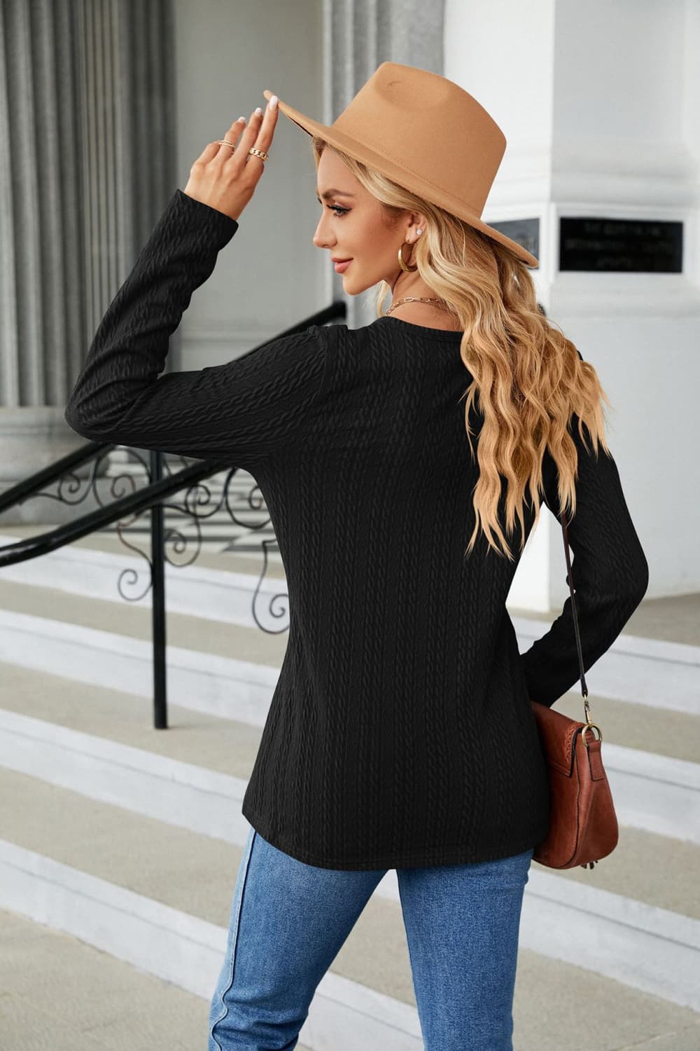 Full Size Cable-Knit Long Sleeve V-Neck T-Shirt