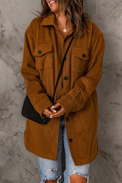 Chestnut Brown Pocketed Button Up Dropped Shoulder Jacket