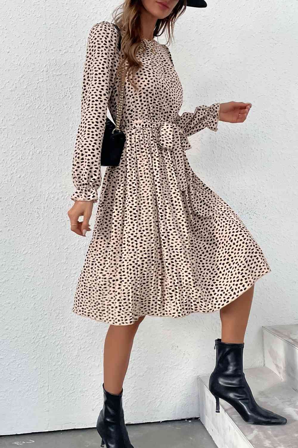 Beige Printed Round Neck Belted Pleated Dress