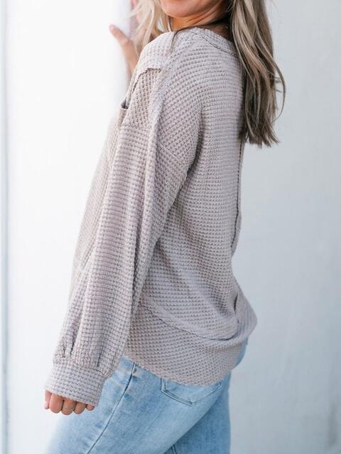 Waffle-Knit V-Neck Blouse with Breast Pocket