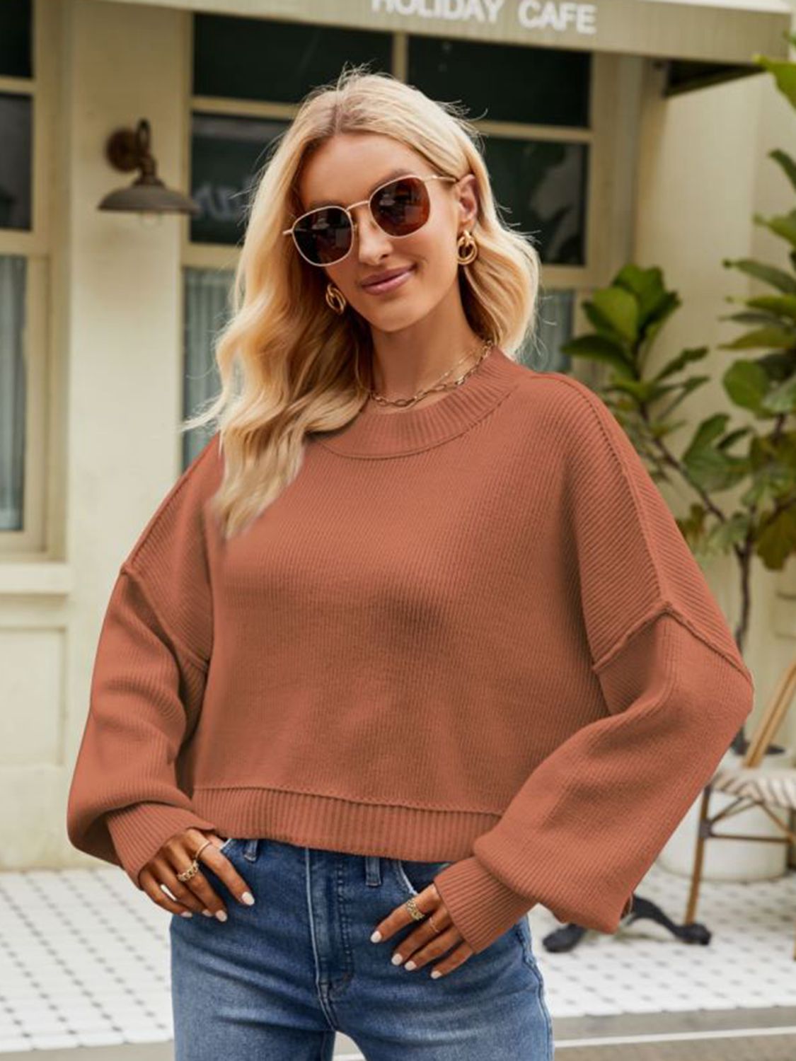 Chic Babe' Round Neck Dropped Shoulder Sweater 🦋