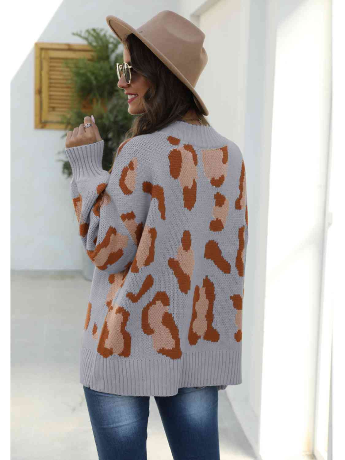 Leopard Mock Neck Dropped Shoulder Sweater