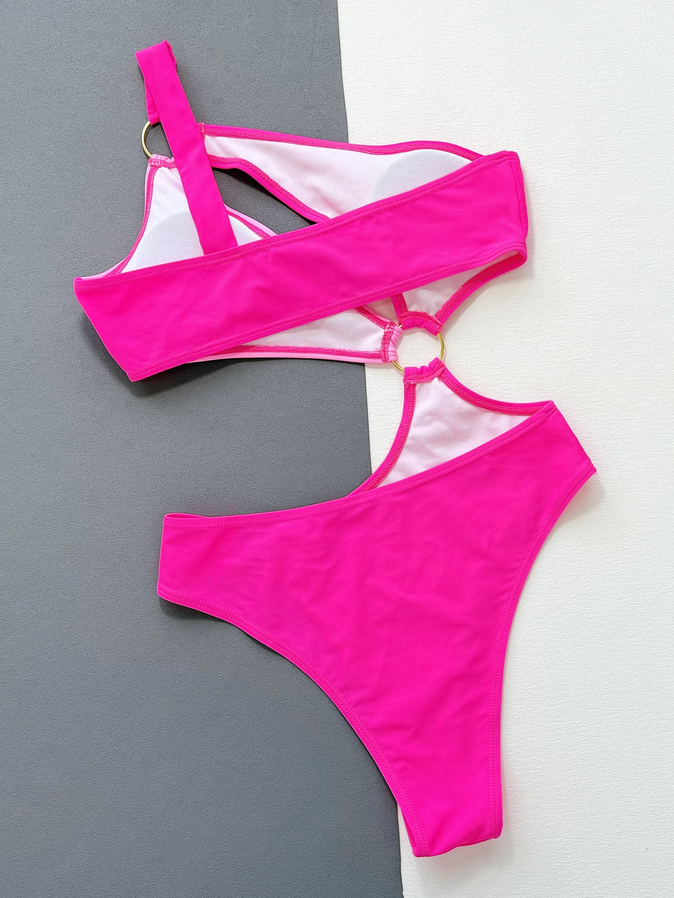 SOSASSY Hot Pink One-Shoulder Cutout Ring Detail One-Piece Swimsuit