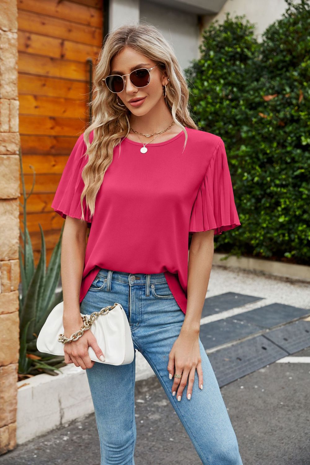 Women's Full Size Pleated Flutter Sleeve Round Neck Blouse