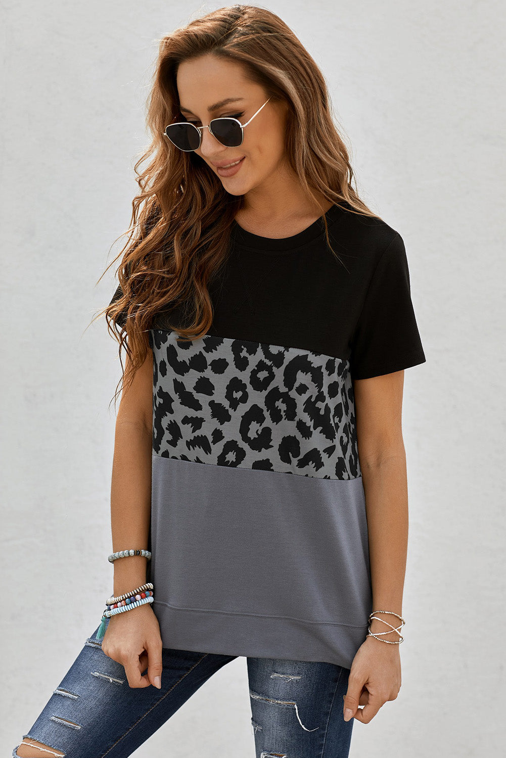 Full Size Leopard Print Color Block Short Sleeve T-Shirt