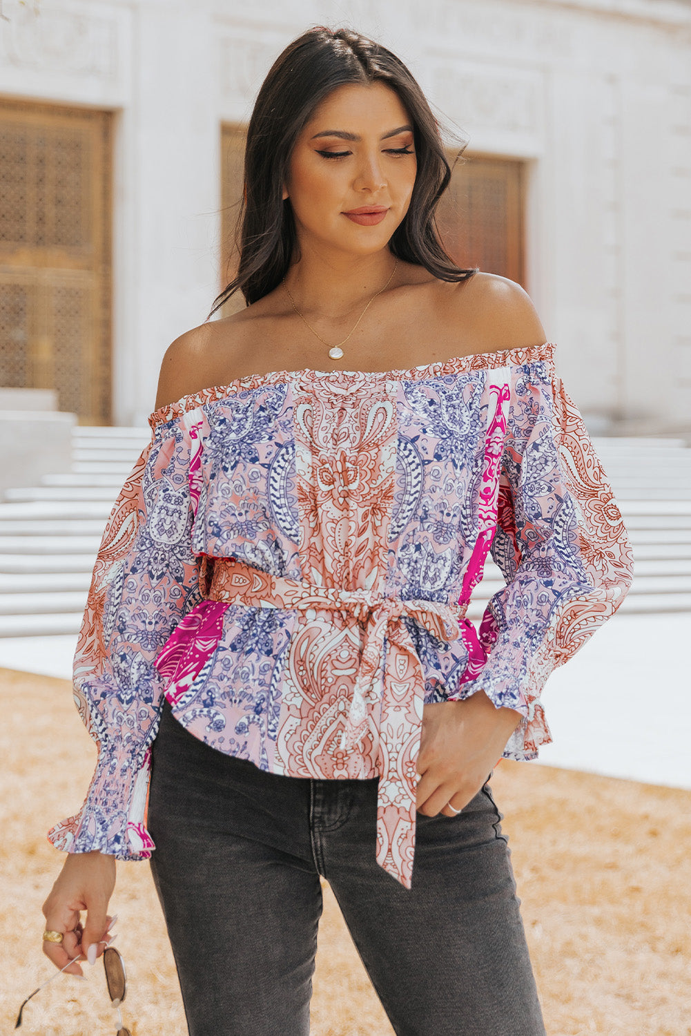 Women's Full Size Printed Off-Shoulder Flounce Sleeve Belted Blouse