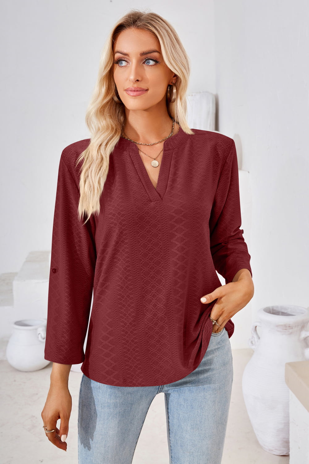 Full Size V-Neck Roll-Tap Sleeve Blouse