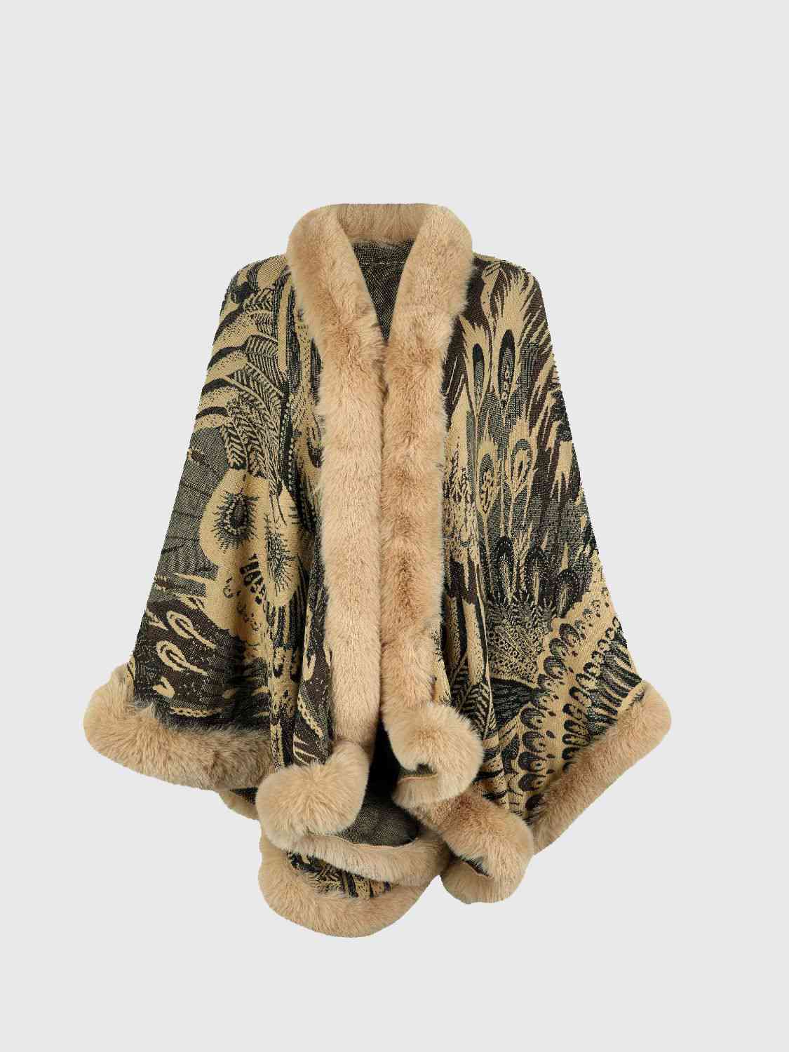 Beauty Devine Fur Trim One Size Printed Open Front Poncho