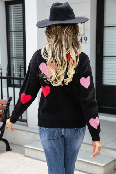 Heart Round Neck Droppped Shoulder Sweater