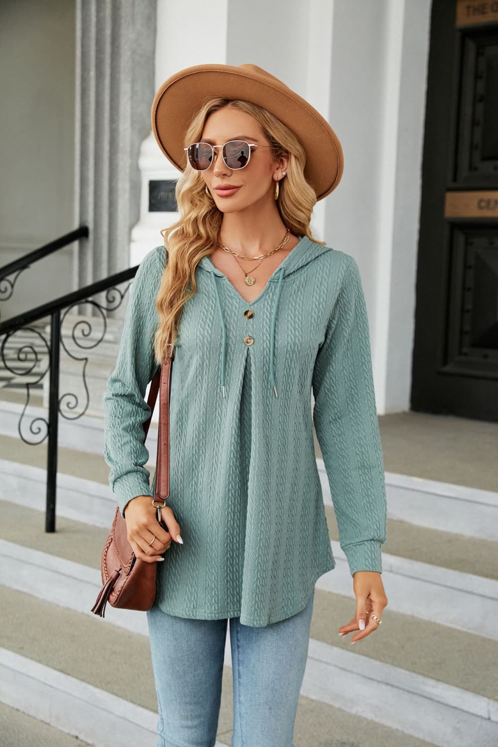 Full Size Long Sleeve Hooded Blouse