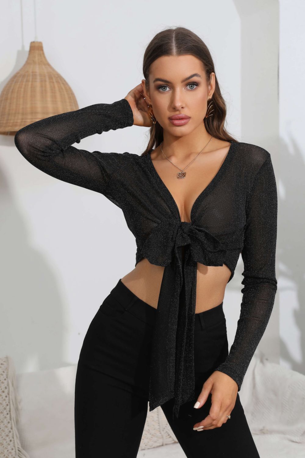 Cora Tie Front Deep V Long Sleeve Crop Top in Black