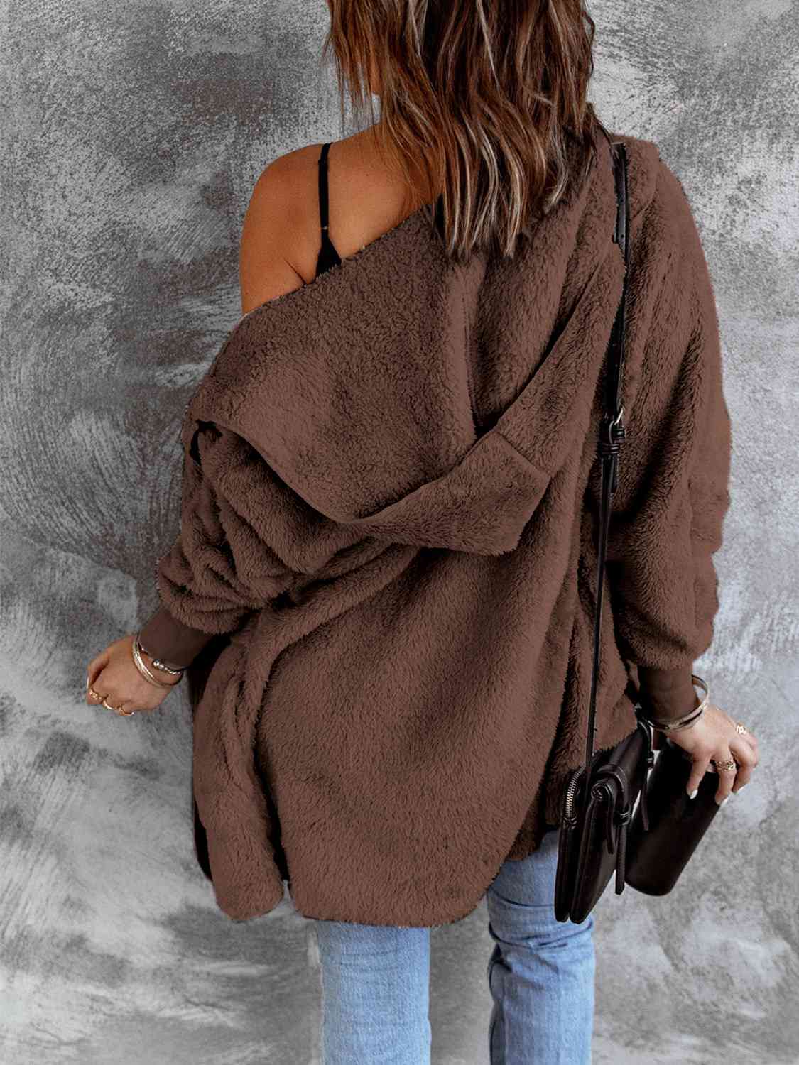 Open Front Hooded Faux Fur Outwear Jacket with Pockets