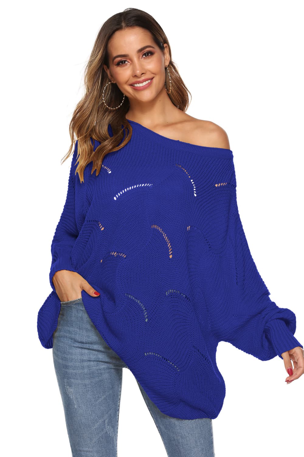 Full Size Round Neck Long Sleeve Openwork Sweater