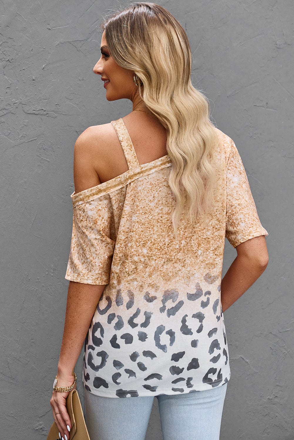 LOVEN'SWEETNESS Full Size Leopard Asymmetrical Neck Cold-Shoulder Blouse