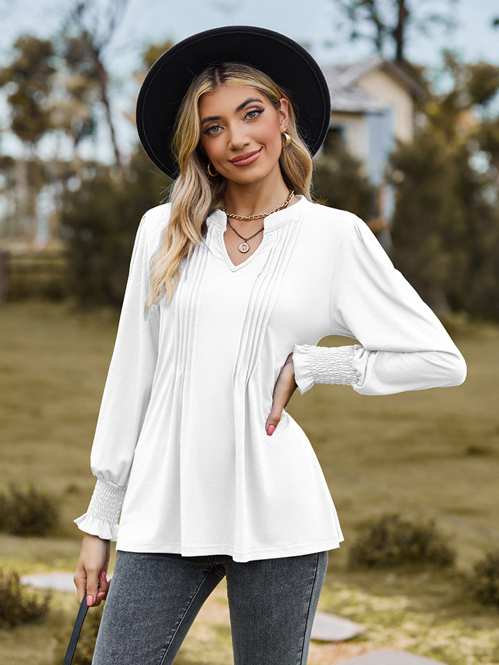 Full Size Notched Neck Flounce Sleeve Blouse