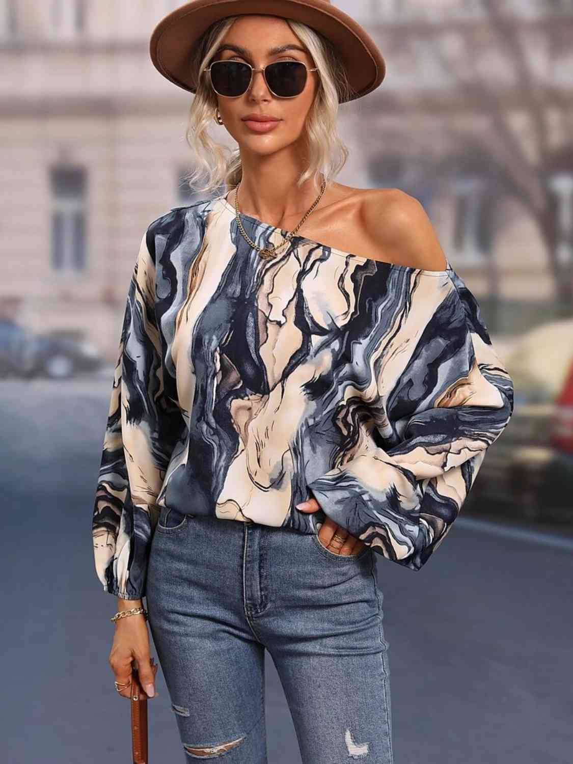 Full Size Printed Boat Neck Blouse