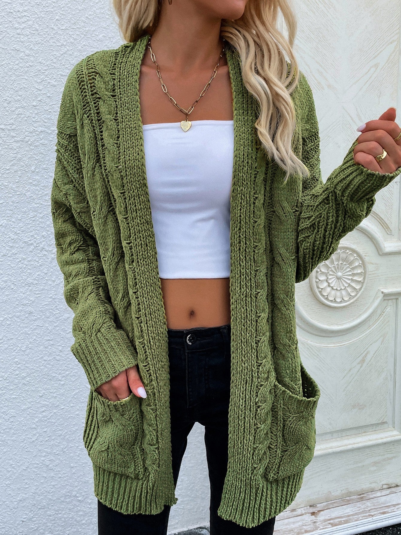 Women's Cable-Knit Open Front Cardigan with Front Pockets