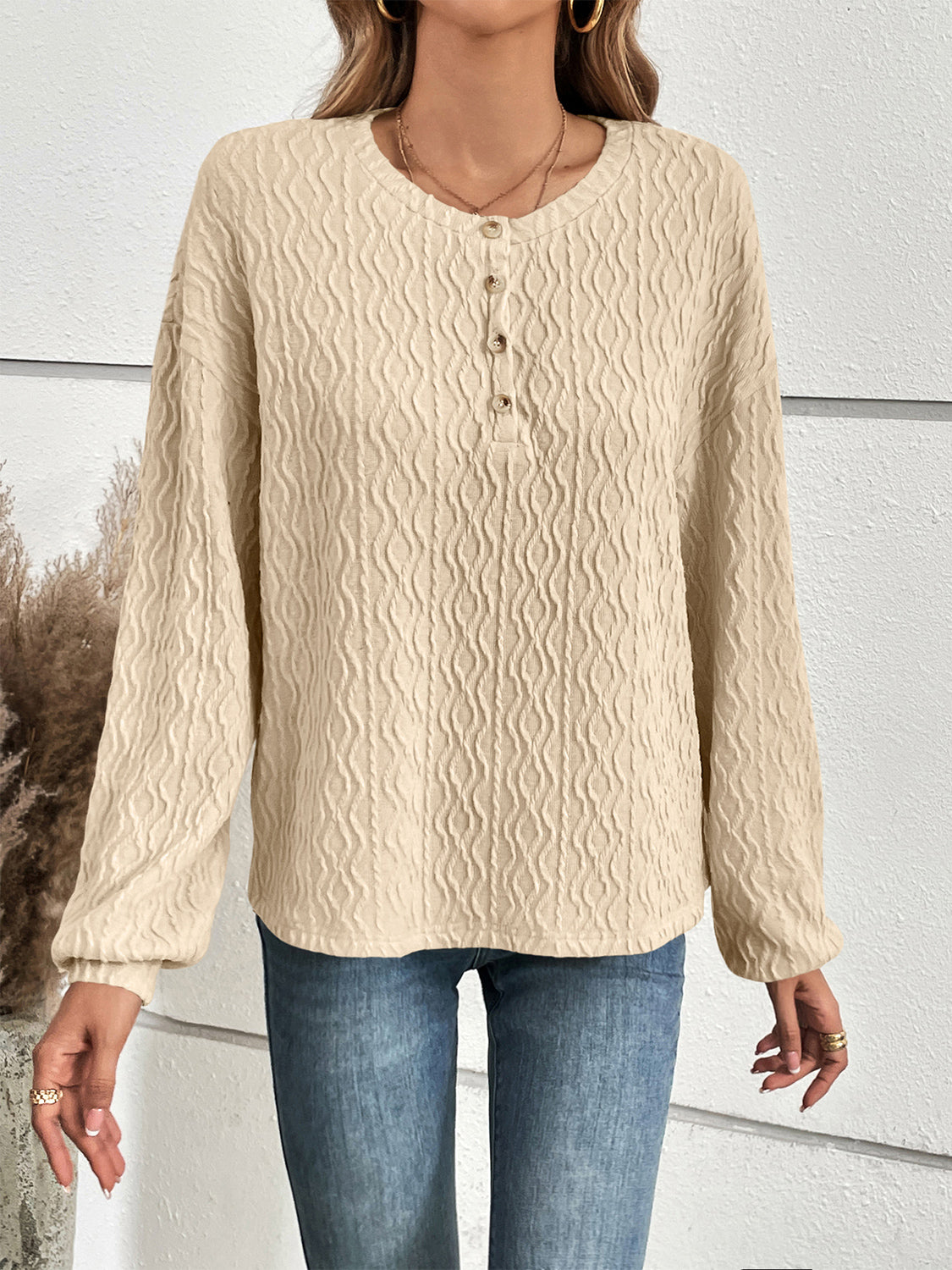 Full Size Half Button Long Sleeve Top