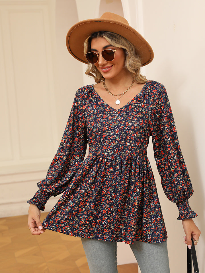 Full Size Printed V-Neck Lantern Sleeve Blouse