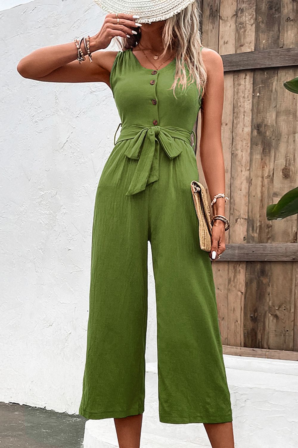 Full Size Tie Belt Sleeveless Jumpsuit with Pockets