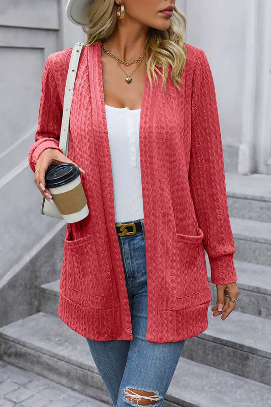 LakenLea Full Size Cable-Knit Long Sleeve Cardigan with Pocket