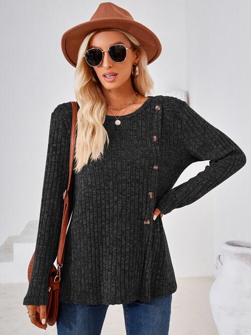 Hannah Mea Ribbed Buttoned Round Neck Slit T-Shirt