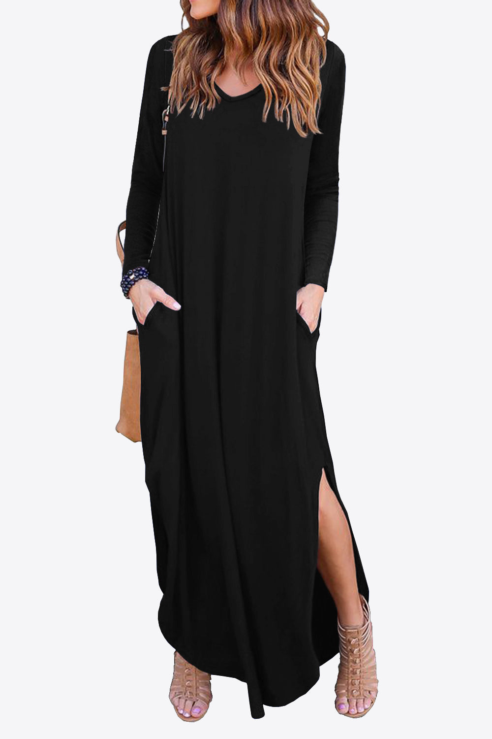 Women's Full Size Split Long Sleeve V-Neck Maxi Dress