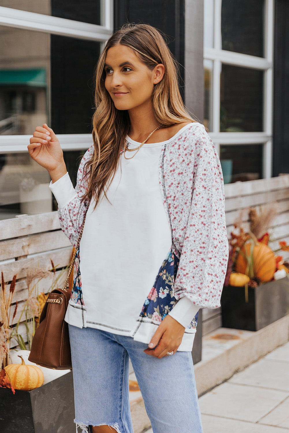 White Floral Lantern Sleeve Round Neck Top