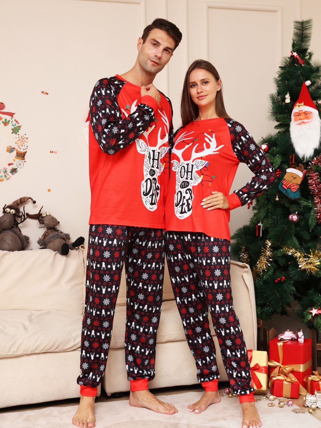 UNISEX ADULT PJ Christmas Full Size Reindeer Graphic Top and Pants Set