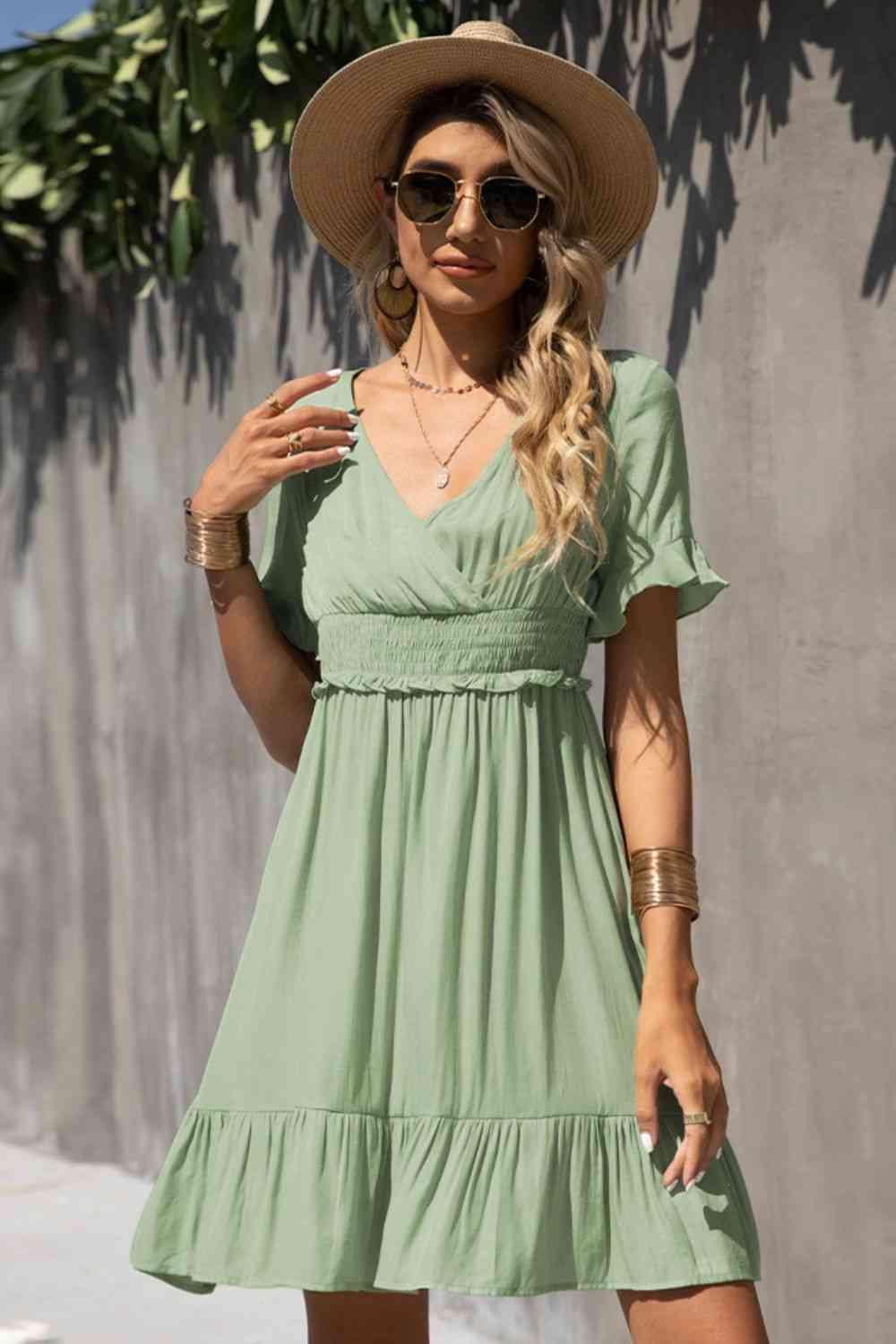 Women's Gum Leaf Green Smocked Waist Flounce Sleeve Ruffle Hem Dress