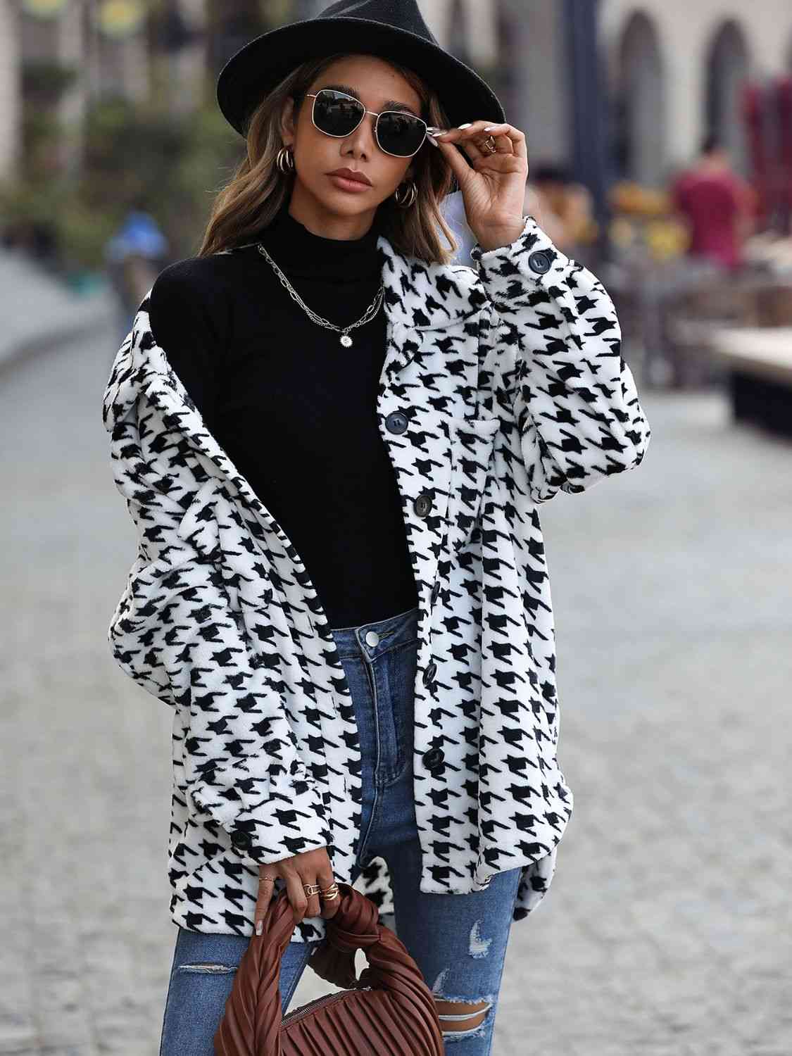 FashionToFigureTrends White Houndstooth Button Down Jacket